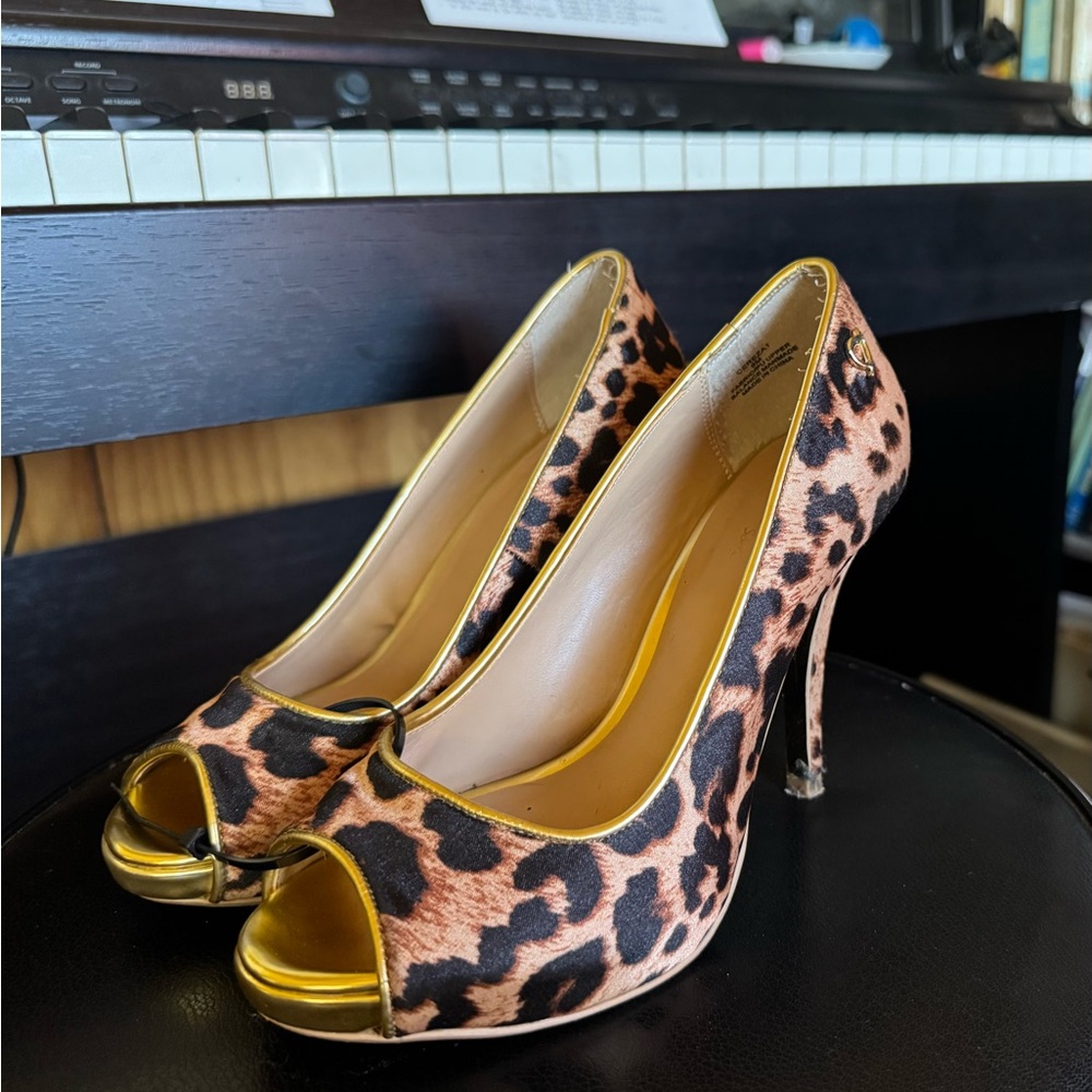 Thalia Sodi Leopard Print Heels with Gold Trim
